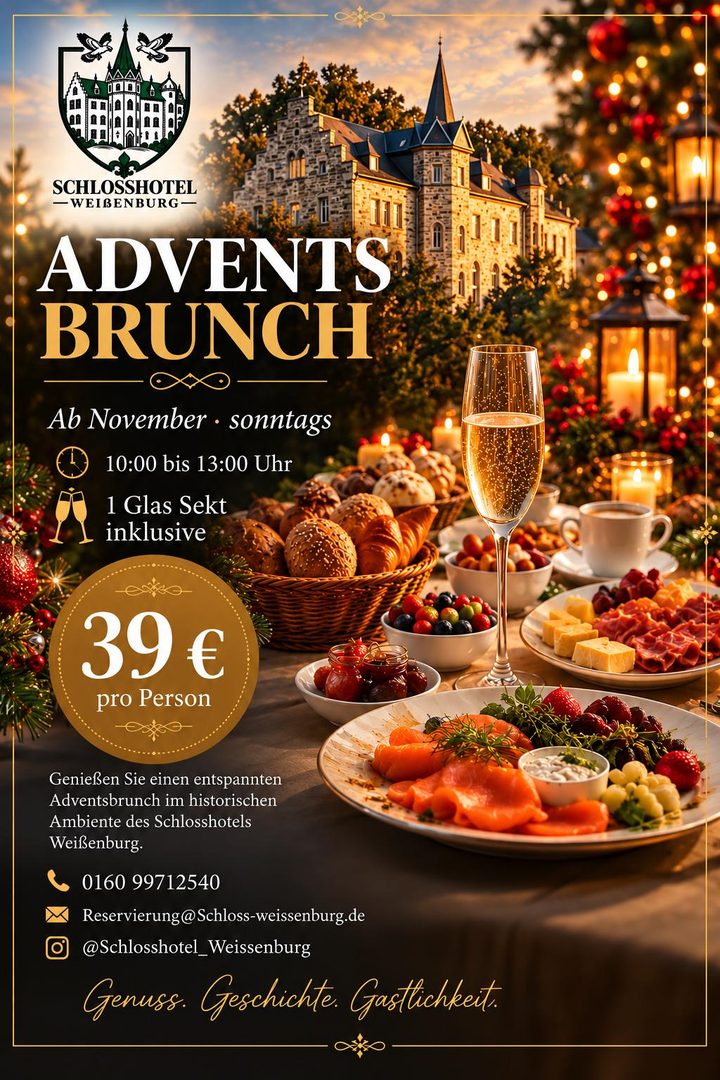 Plakat zum Adventsbrunch: festliche Brunchtafel mit Sekt, Gebäck, Lachs und Käse vor dem Schloss, ab November sonntags von 10 bis 13 Uhr, 39 Euro pro Person