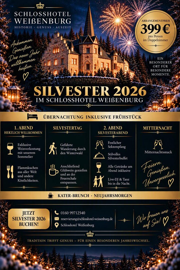 Plakat Silvester 2026: das Schloss bei Nacht mit Feuerwerk, Arrangementpreis 399 Euro pro Person im Doppelzimmer, Programm vom Willkommensabend bis zum Kater-Brunch am Neujahrsmorgen