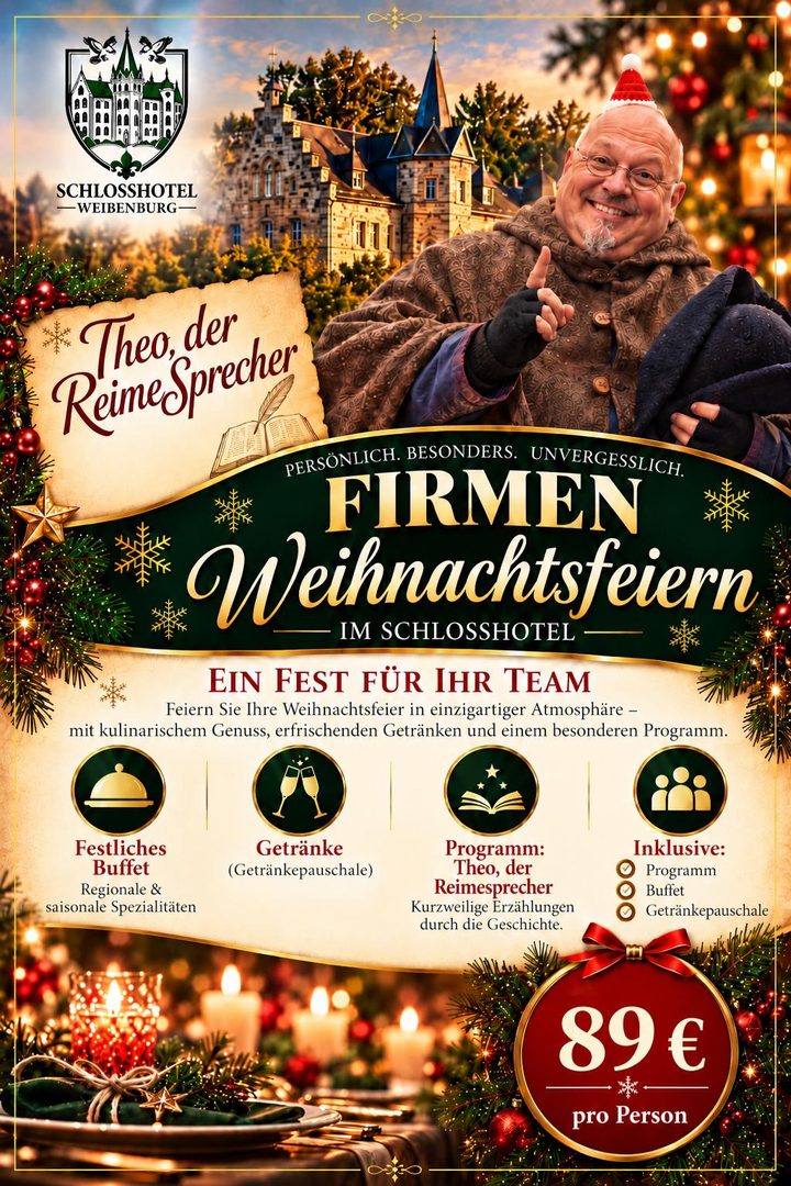 Plakat zu Firmen-Weihnachtsfeiern: das Schloss in winterlichem Licht, Theo der Reimesprecher im historischen Gewand, festliches Buffet, Getränkepauschale und Programm für 89 Euro pro Person