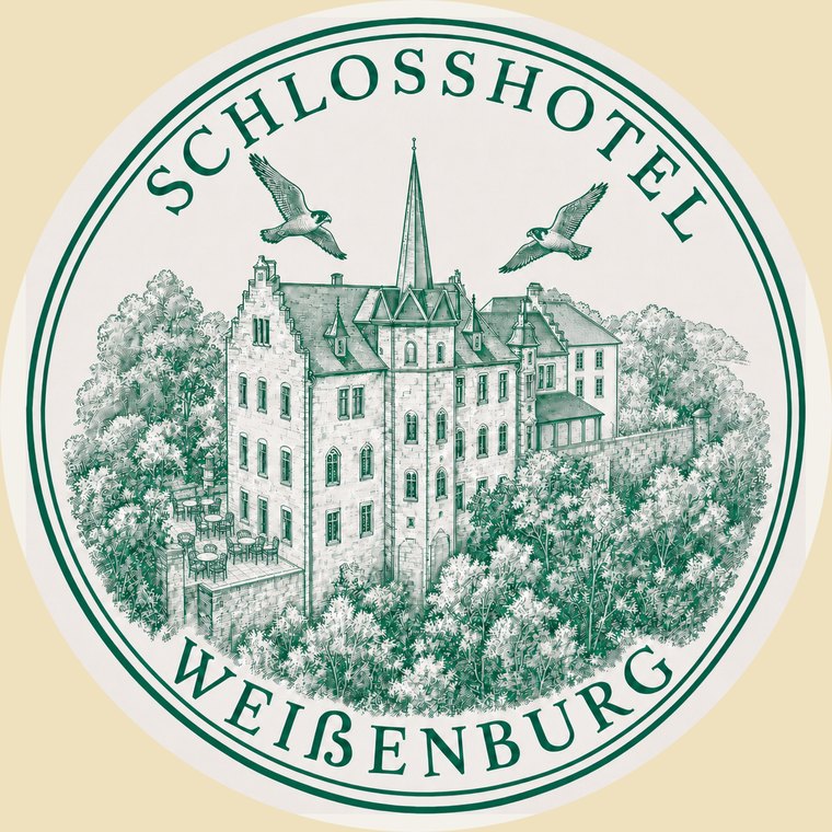 Logo Schlosshotel Weißenburg – Rundsiegel mit Schloss und zwei Turmfalken