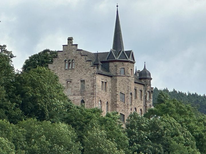 Schloss Weißenburg über den Baumkronen unter bewölktem Himmel